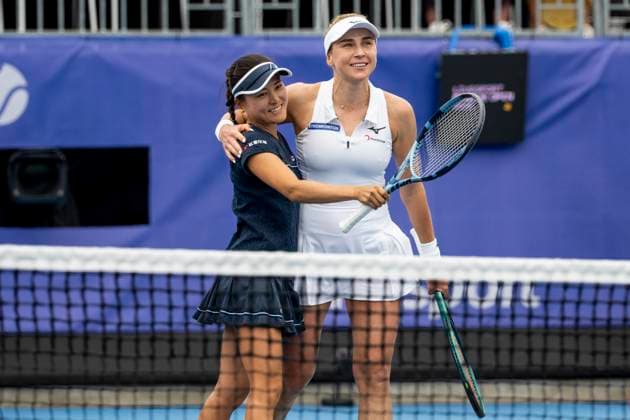 Nadiia Kichenok of Ukraine (right) and Makoto Ninomiya of Japan won the match against Czech tennis players Laura Samson and Lucie Havlickova at the WTA, Tennis Damen Livesport Prague Open 2025 women s doubles final on the courts of TK Sparta Prague, in Prague, Czech Republic, on July 26, 2025. (CTKxPhoto OndrejxDeml) CTKPhotoP2025072603110  CTKPhotoP2025072603110