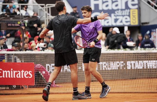 TENNIS - ATP, Tennis Herren Generali Open 2025 KITZBUEHEL,AUSTRIA,26.JUL.25 - TENNIS - ATP World Tour, Generali Open. Image shows the rejoicing of Petr Nouza (CZE) and Patrik Rikl (CZE).  GEPAxpictures xMatthiasxHauer