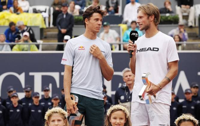 TENNIS - ATP, Tennis Herren Generali Open 2025 KITZBUEHEL,AUSTRIA,26.JUL.25 - TENNIS - ATP World Tour, Generali Open. Image shows Joel Schwaerzler (AUT) and Neil Oberleitner (AUT).  GEPAxpictures xMatthiasxHauer