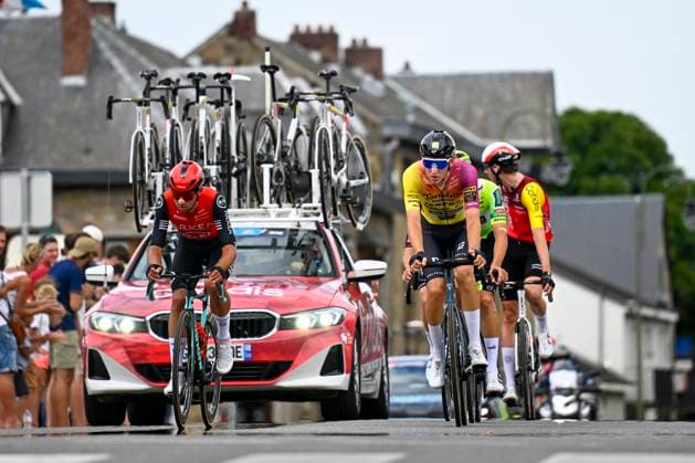 Tour de Wallonie 2025 Stage 1 NASSOGNE, BELGIUM - JULY 26 : Decottignies Jordy of Tarteletto - Isorex leading the escape pack, Milesi Nicolas of Arkea - B&B Hotels during stage 1 of the 30th edition of Tour de Wallonie an UCI ProSeries 2.Pro cycling road race stage for Men Elite of 182 km with start in Nassogne and finish in Nassogne on July 26, 2025 in Nassogne, Belgium, 26 07 2025 ( Motordriver Pieter Van Herzele - Nassogne Belgium  Copyright: xTomasxSiskx