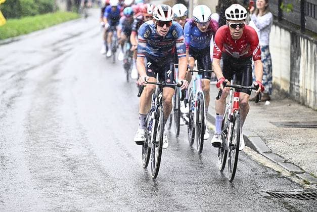 Dutch Pascal Eenkhoorn of Soudal Quick-Step and Swiss Mauro Schmid of Team Jayco AIUIa pictured in action during stage 20 of the 2025 Tour de France cycling race, from Nantua to Montpellier (185km), on Saturday 26 July 2025 in France. The 112th edition of the Tour de France starts on Saturday 5 July in Lille, France, and will finish in Paris, France on the 27th of July. JASPERxJACOBS  x130050851x