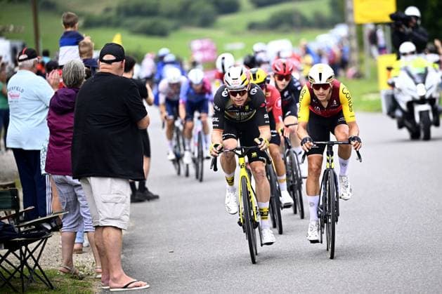 Belgian Wout van Aert of Team Visma-Lease a Bike and Belgian Dylan Teuns of Cofidis pictured in action during stage 20 of the 2025 Tour de France cycling race, from Nantua to Montpellier (185km), on Saturday 26 July 2025 in France. The 112th edition of the Tour de France starts on Saturday 5 July in Lille, France, and will finish in Paris, France on the 27th of July. JASPERxJACOBS  x130051271x