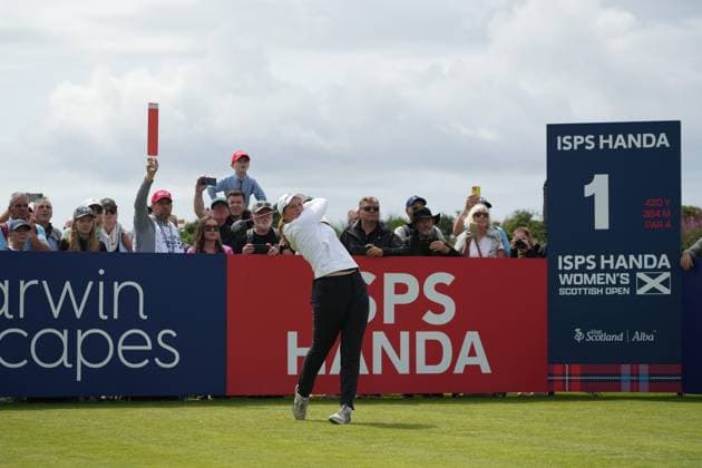 26th July 2025; Dundonald Links, Irvine, Scotland ISPS HANDA Womens Scottish Open Golf Round 3; Lottie Woad plays her tee shot on the 1st hole at Dundonald Links  AlecxBrown