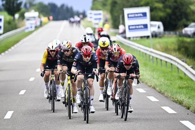 Belgian Wout van Aert of Team Visma-Lease a Bike, Australian Michael Storer of Tudor Pro Cycling Team, French Axel Laurance of Ineos Grenadiers and Swiss Marc Hirschi of Tudor Pro Cycling Team pictured in action during stage 20 of the 2025 Tour de France cycling race, from Nantua to Montpellier (185km), on Saturday 26 July 2025 in France. The 112th edition of the Tour de France starts on Saturday 5 July in Lille, France, and will finish in Paris, France on the 27th of July. JASPERxJACOBS  x130051950x