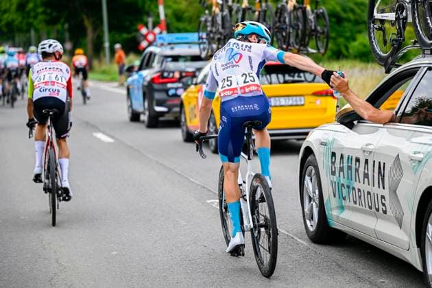 Tour de Wallonie 2025 Stage 1 NASSOGNE, BELGIUM - JULY 26 : Stockwell Oliver of Bahrain - Victorious with the team car during stage 1 of the 30th edition of Tour de Wallonie an UCI ProSeries 2.Pro cycling road race stage for Men Elite of 182 km with start in Nassogne and finish in Nassogne on July 26, 2025 in Nassogne, Belgium, 26 07 2025 ( Motordriver Pieter Van Herzele - Nassogne Belgium  Copyright: xTomasxSiskx