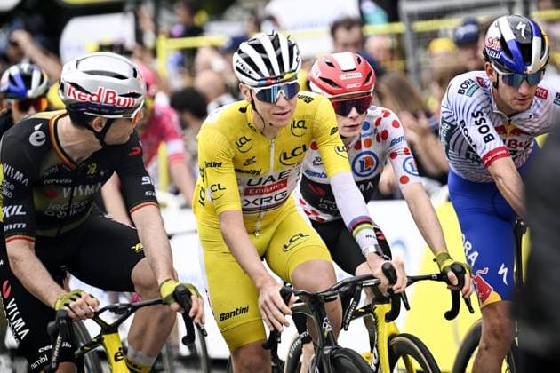 Belgian Wout van Aert of Team Visma-Lease a Bike, Slovenian Tadej Pogacar of UAE Team Emirates and Danish Jonas Vingegaard Hansen of Team Visma-Lease a Bike cross the finish line of stage 20 of the 2025 Tour de France cycling race, from Nantua to Montpellier (185km), on Saturday 26 July 2025 in France. The 112th edition of the Tour de France starts on Saturday 5 July in Lille, France, and will finish in Paris, France on the 27th of July. JASPERxJACOBS  x130056834x