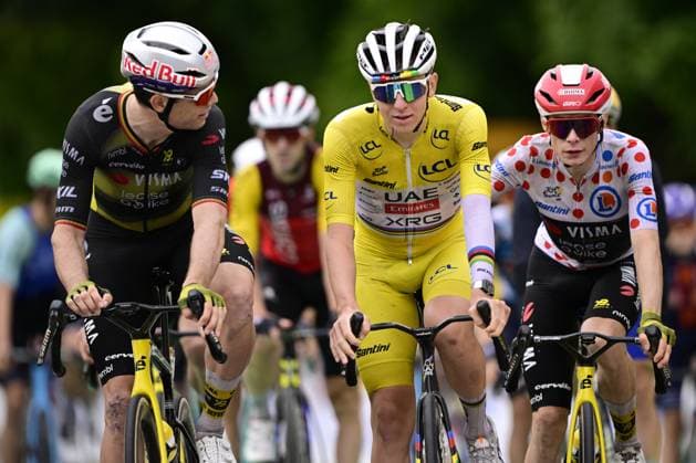 Belgian Wout van Aert of Team Visma-Lease a Bike, Slovenian Tadej Pogacar of UAE Team Emirates and Danish Jonas Vingegaard Hansen of Team Visma-Lease a Bike cross the finish line of stage 20 of the 2025 Tour de France cycling race, from Nantua to Montpellier (185km), on Saturday 26 July 2025 in France. The 112th edition of the Tour de France starts on Saturday 5 July in Lille, France, and will finish in Paris, France on the 27th of July. DIRKxWAEM  x130056844x