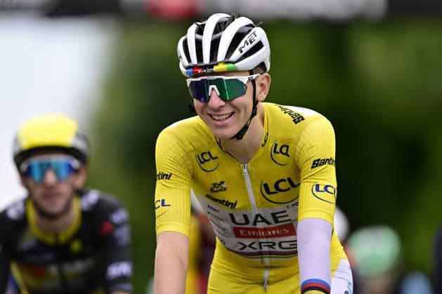Slovenian Tadej Pogacar of UAE Team Emirates crosses the finish line of stage 20 of the 2025 Tour de France cycling race, from Nantua to Montpellier (185km), on Saturday 26 July 2025 in France. The 112th edition of the Tour de France starts on Saturday 5 July in Lille, France, and will finish in Paris, France on the 27th of July. DIRKxWAEM  x130056848x
