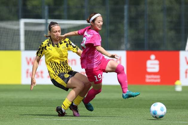 26 07 2025, Football, Women, Test match, Season 2025 2026, Borussia Dortmund vs Cerezo Osaka at BVB Hohenbuschei Football Park in Dortmund Germany Mia Boeger Borussia Dortmund, 2 , Moka Cerezo Osaka, 19 Dortmund Football Park BVB Hohenbuschei North Rhine-Westphalia Germany FZ