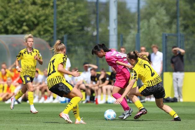 26 07 2025, Football, Women, Test match, Season 2025 2026, Borussia Dortmund vs Cerezo Osaka at BVB Hohenbuschei Football Park in Dortmund Germany Frederike Kempe Borussia Dortmund, 21 , Mia Boeger Borussia Dortmund, 2 Dortmund BVB Hohenbuschei Football Park North Rhine-Westphalia Germany FZ