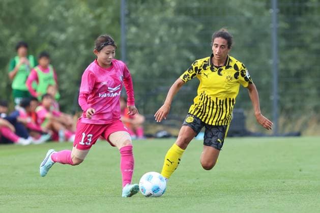 26 07 2025, Football, Women, Test match, Season 2025 2026, Borussia Dortmund vs Cerezo Osaka at BVB Hohenbuschei Football Park in Dortmund Germany Marah Tayeh Borussia Dortmund, 7 , Miyuka Cerezo Osaka, 13 Dortmund BVB Hohenbuschei Football Park North Rhine-Westphalia Germany FZ