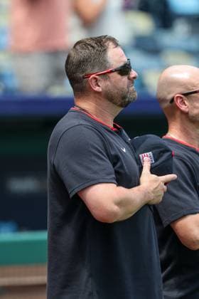 July 26, 2025: Cleveland Guardians manager Stephen Vogt (12) stands during the National Anthem before a game against the Kansas City Royals at Kauffman Stadium in Kansas City, MO. CSM Kansas City United States of America - ZUMAc04_ 20250726_zma_c04_067 Copyright: xDavidxSmithx