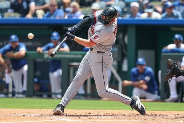 July 26, 2025: Cleveland Guardians first baseman Kyle Manzardo (9) hits a double against the Kansas City Royals during the second inning at Kauffman Stadium in Kansas City, MO. CSM Kansas City United States of America - ZUMAc04_ 20250726_zma_c04_071 Copyright: xDavidxSmithx