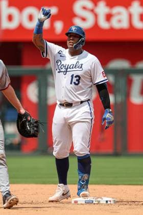 July 26, 2025: Kansas City Royals catcher Salvador Perez (13) reacts to his double during the fourth inning against the Cleveland Guardians at Kauffman Stadium in Kansas City, MO. CSM Kansas City United States of America - ZUMAc04_ 20250726_zma_c04_075 Copyright: xDavidxSmithx