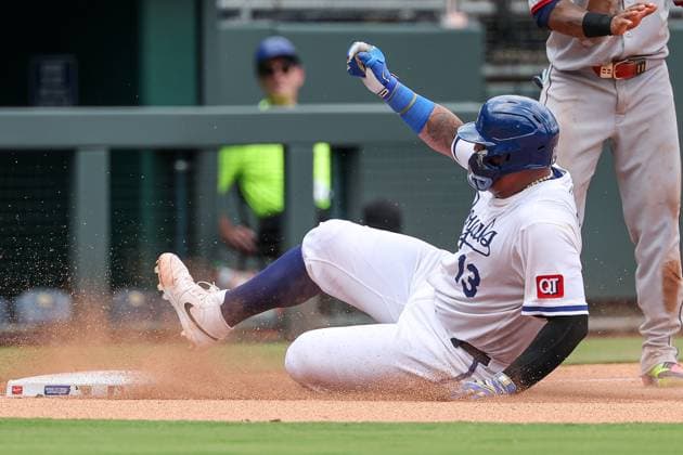 July 26, 2025: Kansas City Royals catcher Salvador Perez (13) slides into third base safe during the fourth inning against the Cleveland Guardians at Kauffman Stadium in Kansas City, MO. CSM Kansas City United States of America - ZUMAc04_ 20250726_zma_c04_081 Copyright: xDavidxSmithx