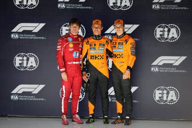 Stavelot, Belgium July 24 27, 2025 FIA Formula 1 World Championship Grand Prix Belgium Circuit de Spa Francorchamps 2025 Qualifying Saturday In the picture Top three qualifying Spa Francorchamps 1 Lando Norris GBR 2 Oscar Piastri AUS 3 Charles Leclerc MCO Circuit de Spa Francorchamps Copyright: xFotostandx xHorstxBernhardtx