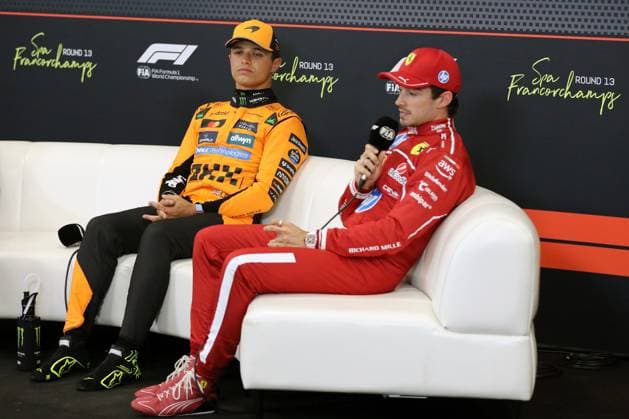 Stavelot, Belgium July 24 27, 2025 FIA Formula 1 World Championship Grand Prix Belgium Circuit de Spa Francorchamps 2025 Qualifying Saturday Pictured Lando Norris GBR and Charles Leclerc MCO Circuit de Spa Francorchamps Copyright: xFotostandx xHorstxBernhardtx