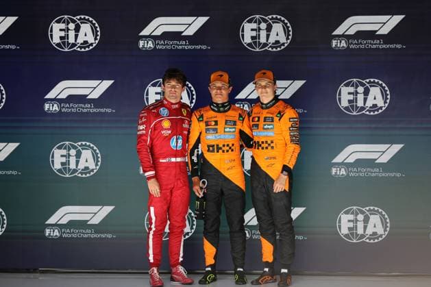 Stavelot, Belgium July 24 27, 2025 FIA Formula 1 World Championship Grand Prix Belgium Circuit de Spa Francorchamps 2025 Qualifying Saturday In the picture Top three qualifying Spa Francorchamps 1 Lando Norris GBR 2 Oscar Piastri AUS 3 Charles Leclerc MCO Circuit de Spa Francorchamps Copyright: xFotostandx xHorstxBernhardtx