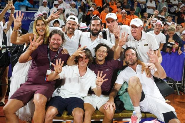Umag, Croatia, 260725. 35th Plava Laguna Croatia Open Umag. Final. Trophy ceremony. In the photo: winner Luciano Darderi with his family and entire team. Photo: Goran Sebelic CROPIX Copyright: xxGoranxSebelicx atp_finale10-260725