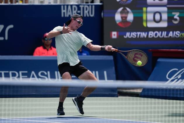 ATP, Tennis Herren Masters 1000 National Bank Open Toronto Presented by Rogers 2025 - Day 1 Justin Boulais of Canada plays a forehand against James Duckworth of Australia during the Men s Singles first round match on day 1 of the ATP Masters 1000 National Bank Open at Sobeys Stadium. on July 26, 2025 in Toronto, Canada. (Photo by Leonardo Ramirez Eyepix Group) Copyright: xLeonardoxRamirez xEyepixxGroupx LR-26072025-3532