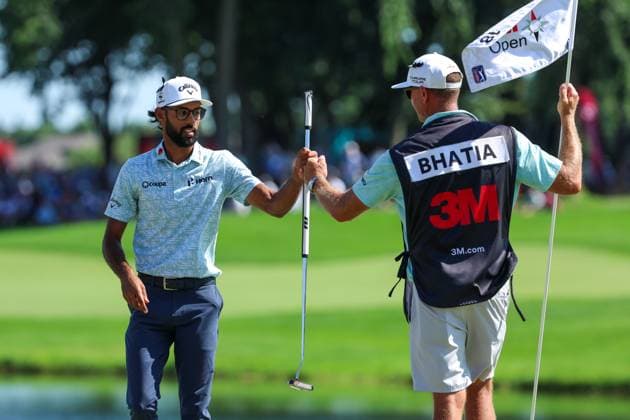 July 26th, 2025: Akshay Bhatia of the United States looks on after putting the 18th during the third round of the 3M Open 2025 at TPC Twin Cities on July 26th, 2025 in Blaine, Minnesota. -CSM Blaine USA - ZUMAc04_ 20250726_zma_c04_196 Copyright: xStevenxGarciax