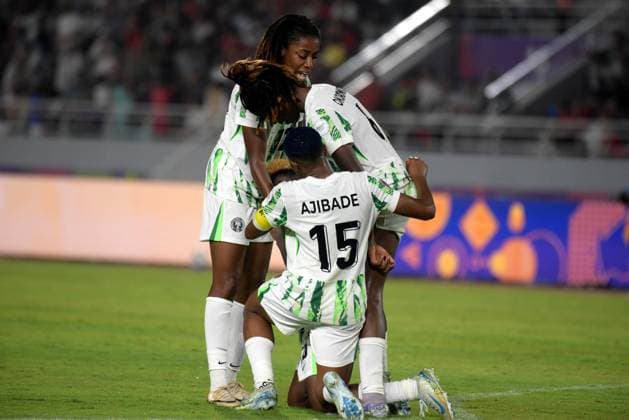 RABAT, MOROCCO - JULY 26: Rasheedat Ajibade, Onyi Echegini and Ijeoma Esther Okoronkwo of Nigeria during the 2025 Women s Africa Cup of Nations (WAFCON) Finals match between Morocco and Nigeria at Stade Olympique de Rabat on July 26, 2025 in Rabat, Morocco. Photo by Mansa Ayoola Copyright: xx