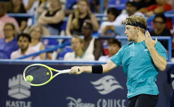 July 26, 2025: Alejandro Davidovich Fokina hits a shot in his match against Ben Shelton during the 2025 Mubadala Citi DC Open tennis tournament being played at Rock Creek Park Tennis Center in Washington, D.C. CSM District Of Columbia United States of America - ZUMAc04_ 20250726_zma_c04_364 Copyright: xJustinxCooperx