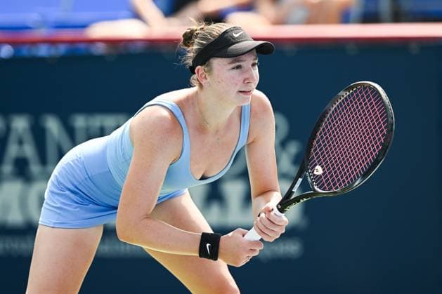 MONTREAL, QC - JULY 26: Dasha Plekhanova (CAN) waits for service during a qualifying round match at WTA, Tennis Damen National Bank Open on July 26, 2025 at IGA Stadium in Montreal, QC (Photo by David Kirouac Icon Sportswire) TENNIS: JUL 26 National Bank Open EDITORIAL USE ONLY Icon250726076
