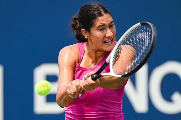 MONTREAL, QC - JULY 26: Cadence Brace (CAN) retruns the ball during a qualifying round match at WTA, Tennis Damen National Bank Open on July 26, 2025 at IGA Stadium in Montreal, QC (Photo by David Kirouac Icon Sportswire) TENNIS: JUL 26 National Bank Open EDITORIAL USE ONLY Icon250726052