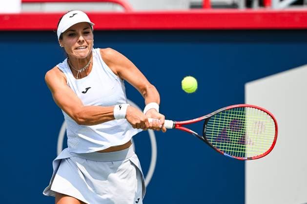 MONTREAL, QC - JULY 26: Viktoriya Tomova (BUL) returns the ball during a qualifying round match at WTA, Tennis Damen National Bank Open on July 26, 2025 at IGA Stadium in Montreal, QC (Photo by David Kirouac Icon Sportswire) TENNIS: JUL 26 National Bank Open EDITORIAL USE ONLY Icon250726013