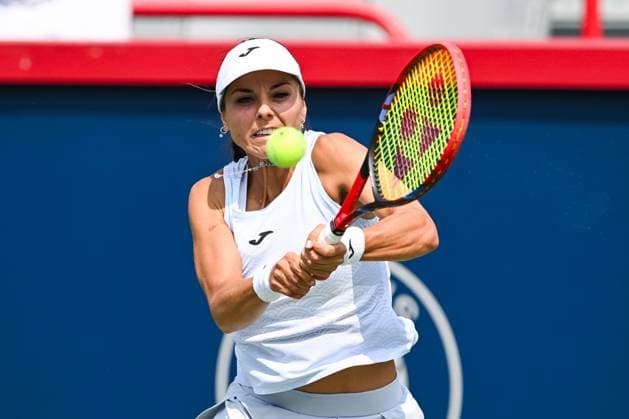 MONTREAL, QC - JULY 26: Viktoriya Tomova (BUL) returns the ball during a qualifying round match at WTA, Tennis Damen National Bank Open on July 26, 2025 at IGA Stadium in Montreal, QC (Photo by David Kirouac Icon Sportswire) TENNIS: JUL 26 National Bank Open EDITORIAL USE ONLY Icon250726014