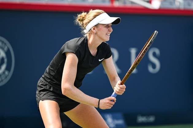 MONTREAL, QC - JULY 26: Katherine Sebov (CAN) waits for service during a qualifying round match at WTA, Tennis Damen National Bank Open on July 26, 2025 at IGA Stadium in Montreal, QC (Photo by David Kirouac Icon Sportswire) TENNIS: JUL 26 National Bank Open EDITORIAL USE ONLY Icon250726020