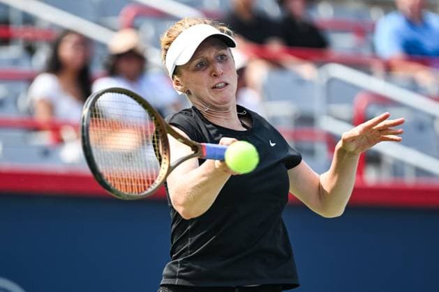 MONTREAL, QC - JULY 26: Katherine Sebov (CAN) returns the ball during a qualifying round match at WTA, Tennis Damen National Bank Open on July 26, 2025 at IGA Stadium in Montreal, QC (Photo by David Kirouac Icon Sportswire) TENNIS: JUL 26 National Bank Open EDITORIAL USE ONLY Icon250726021