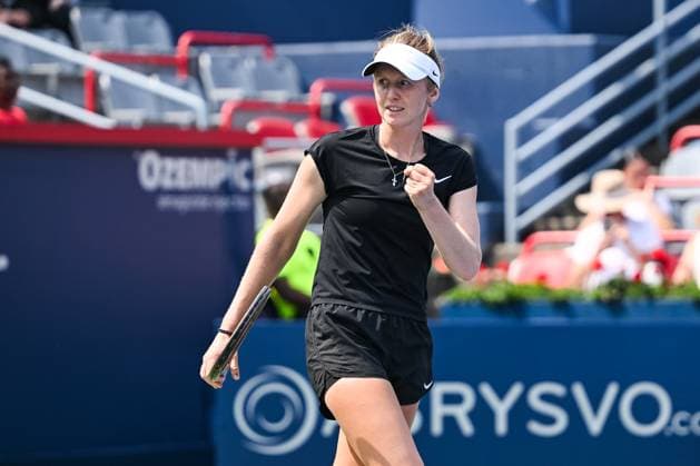 MONTREAL, QC - JULY 26: Katherine Sebov (CAN) reacts after scoring a point during a qualifying round match at WTA, Tennis Damen National Bank Open on July 26, 2025 at IGA Stadium in Montreal, QC (Photo by David Kirouac Icon Sportswire) TENNIS: JUL 26 National Bank Open EDITORIAL USE ONLY Icon250726024