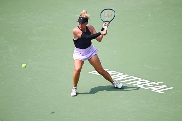 MONTREAL, QC - JULY 26: Leolia Jeanjean (FRA) returns the ball during a qualifying round match at WTA, Tennis Damen National Bank Open on July 26, 2025 at IGA Stadium in Montreal, QC (Photo by David Kirouac Icon Sportswire) TENNIS: JUL 26 National Bank Open EDITORIAL USE ONLY Icon250726038