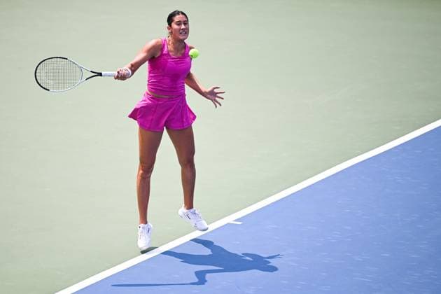 MONTREAL, QC - JULY 26: Cadence Brace (CAN) retruns the ball during a qualifying round match at WTA, Tennis Damen National Bank Open on July 26, 2025 at IGA Stadium in Montreal, QC (Photo by David Kirouac Icon Sportswire) TENNIS: JUL 26 National Bank Open EDITORIAL USE ONLY Icon250726041