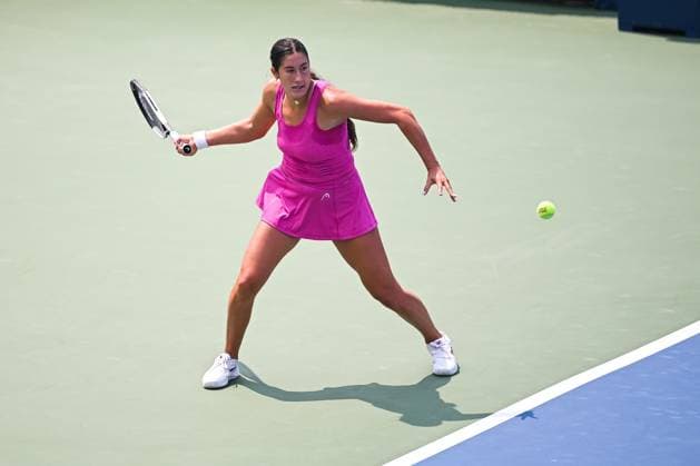MONTREAL, QC - JULY 26: Cadence Brace (CAN) retruns the ball during a qualifying round match at WTA, Tennis Damen National Bank Open on July 26, 2025 at IGA Stadium in Montreal, QC (Photo by David Kirouac Icon Sportswire) TENNIS: JUL 26 National Bank Open EDITORIAL USE ONLY Icon250726042