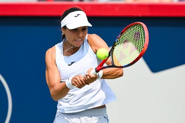 MONTREAL, QC - JULY 26: Viktoriya Tomova (BUL) returns the ball during a qualifying round match at WTA, Tennis Damen National Bank Open on July 26, 2025 at IGA Stadium in Montreal, QC (Photo by David Kirouac Icon Sportswire) TENNIS: JUL 26 National Bank Open EDITORIAL USE ONLY Icon250726012