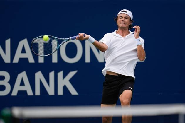ATP, Tennis Herren Masters 1000 National Bank Open Toronto Presented by Rogers 2025 - Day 1 Taro Daniel of Japan plays a forehand against Dan Martin of Canada during the Men s Singles first round match on day 1 of the ATP Masters 1000 National Bank Open at Sobeys Stadium. on July 26, 2025 in Toronto, Canada. Toronto Ontario Canada Copyright: xLeonardoxRamirezx