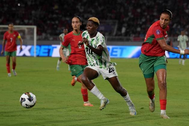 RABAT, MOROCCO - JULY 26: Folashade Ijamilusi of Nigeria and Morocco defenders during the 2025 Women s Africa Cup of Nations (WAFCON) Finals match between Morocco and Nigeria at Stade Olympique de Rabat on July 26, 2025 in Rabat, Morocco. Photo by Mansa Ayoola Copyright: xx