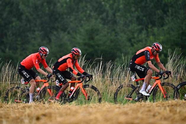 Tour de Wallonie 2025 Stage 2 SAMBREVILLE, BELGIUM - JULY 27 : Fraile Omar of INEOS Grenadiers, Rivera Brandon Smith of INEOS Grenadiers, Swift Ben of INEOS Grenadiers during stage 2 of the 30th edition of Tour de Wallonie an UCI ProSeries 2.Pro cycling road race stage for Men Elite of 153.7 km with start in Huy and finish in Sambreville on July 27, 2025 in Sambreville, Belgium, 27 07 2025 ( Motordriver Pieter Van Herzele - Sambreville Belgium  Copyright: xTomasxSiskx