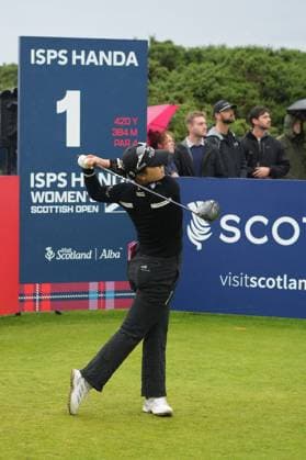 27th July 2025; Dundonald Links, Irvine, Scotland ISPS HANDA Womens Scottish Open Golf Final Round; Ina Yoon plays her tee shot on the 1st hole at Dundonald Links  AlecxBrown