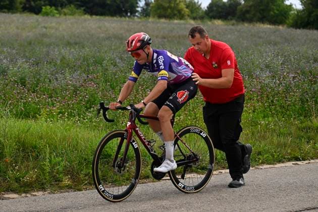 Tour de Wallonie 2025 Stage 2 SAMBREVILLE, BELGIUM - JULY 27 : De Moyer Kenay of Pauwels Sauzen - Cibel Clementines during stage 2 of the 30th edition of Tour de Wallonie an UCI ProSeries 2.Pro cycling road race stage for Men Elite of 153.7 km with start in Huy and finish in Sambreville on July 27, 2025 in Sambreville, Belgium, 27 07 2025 ( Motordriver Pieter Van Herzele - Sambreville Belgium  Copyright: xTomasxSiskx