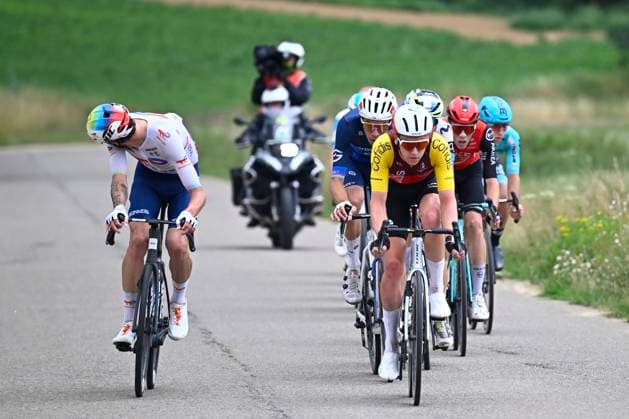 Tour de Wallonie 2025 Stage 2 SAMBREVILLE, BELGIUM - JULY 27 : Brunel Alexys of Team TotalEnergies, Knight Oliver of Cofidis during stage 2 of the 30th edition of Tour de Wallonie an UCI ProSeries 2.Pro cycling road race stage for Men Elite of 153.7 km with start in Huy and finish in Sambreville on July 27, 2025 in Sambreville, Belgium, 27 07 2025 ( Motordriver Pieter Van Herzele - Sambreville Belgium  Copyright: xTomasxSiskx