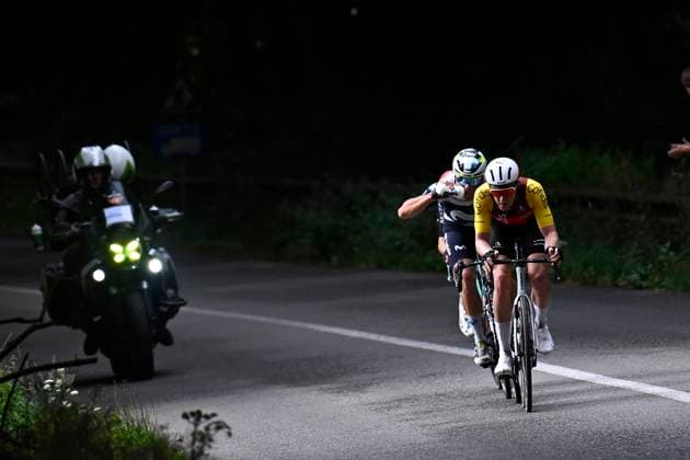 Tour de Wallonie 2025 Stage 2 SAMBREVILLE, BELGIUM - JULY 27 : Rouland Louis of Arkea - B&B Hotels, Knight Oliver of Cofidis, Milesi Lorenzo of Movistar Team during stage 2 of the 30th edition of Tour de Wallonie an UCI ProSeries 2.Pro cycling road race stage for Men Elite of 153.7 km with start in Huy and finish in Sambreville on July 27, 2025 in Sambreville, Belgium, 27 07 2025 ( Motordriver Pieter Van Herzele - Sambreville Belgium  Copyright: xTomasxSiskx