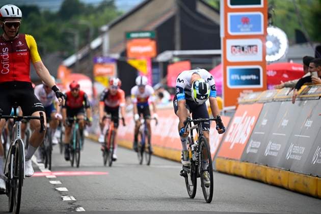 Tour de Wallonie 2025 Stage 2 SAMBREVILLE, BELGIUM - JULY 27 : Knight Oliver of Cofidis wins, second place for Milesi Lorenzo of Movistar Team during stage 2 of the 30th edition of Tour de Wallonie an UCI ProSeries 2.Pro cycling road race stage for Men Elite of 153.7 km with start in Huy and finish in Sambreville on July 27, 2025 in Sambreville, Belgium, 27 07 2025 ( Motordriver Pieter Van Herzele - Sambreville Belgium  Copyright: xTomasxSiskx