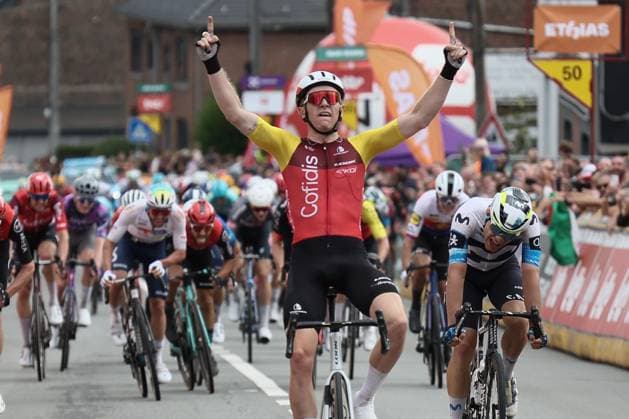 British Oliver Knight of Cofidis celebrates as he crosses the finish line to win the second stage of the Tour De Wallonie cycling race, from Huy to Sambreville (153km), on Sunday 27 July 2025. BRUNOxFAHY  x130121288x