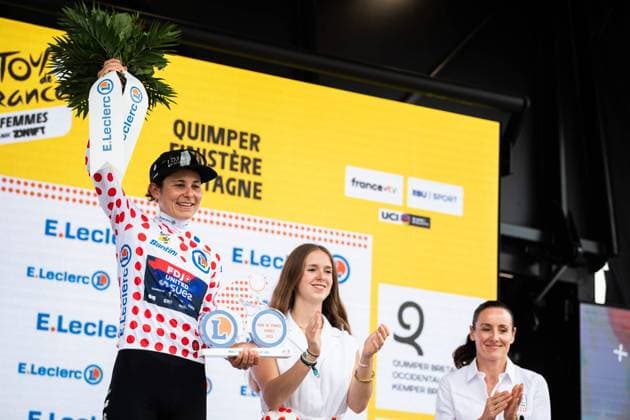 Tour de France Femmes PHOTOPQR OUEST FRANCE Kévin Guyot Ouest-France ; QUIMPER ; 27 07 2025 ; 27 juillet 2025 : Cyclisme. 2e étape du Tour de France Femmes. Départ depuis Brest pour arriver à Quimper ( Finistère Bretagne ). ici : Elise Chabbey avec son maillot à pois. PHOTO : KEVIN GUYOT OUEST-FRANCE - 4th edition of the Women’s Tour de France QUIMPER France  Copyright: xPHOTOPQR OUESTxFRANCE MAXPPPxKévinxGuyotx xOuest-Francex 20250727OFR7029 20250727OFR7029