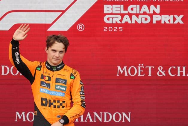 McLaren Australian rider Oscar Piastri celebrates on the podium after winning the Grand Prix F1 of Belgium race, in Spa-Francorchamps, Sunday 27 July 2025. The Spa-Francorchamps Formula One Grand Prix takes place this weekend, from July 24th to July 27th. BENOITxDOPPAGNE  x130122886x
