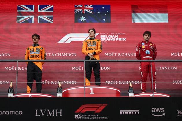 F1 Belgian Grand Prix 2025 Lando Norris, Oscar Piastri of McLaren and Charles Leclerc of Ferrari after the Formula 1 Belgian Grand Prix at Spa-Francorchamps in Spa, Belgium on July 27, 2025. Spa Belgium  Copyright: xJakubxPorzyckix originalFilename:porzycki-f1belgia250727_nptAR.jpg